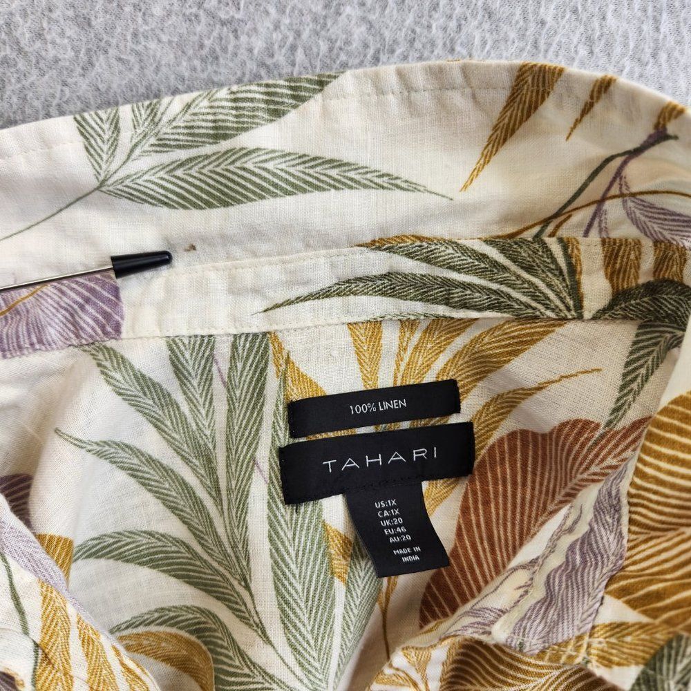 Tahari Linen Top Womens 1X Cream Floral Leaves Tropical Button Side Resort - Picture 12 of 16